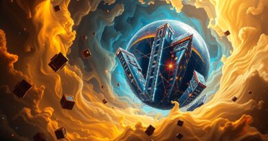 Kosmiczna mgławica: Złoto-niebieska "bańka" z obwodami symbolizuje bańkę AI, rozpadające się kryształowe "wieżowce" - przepłacone firmy.