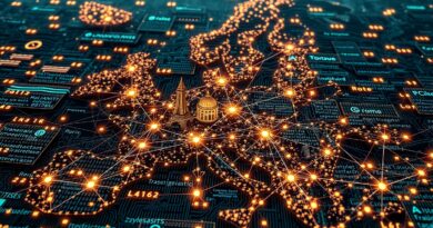 Mapa Europy utkana z kodu, miasta (Paryż, Heidelberg, Rzym) rozświetlone siecią neuronową AI.