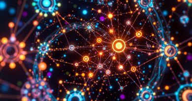 Dynamiczna galaktyka symbolizująca sieć neuronową agentów AI, współpracujących autonomicznie w inteligentnych workflow.