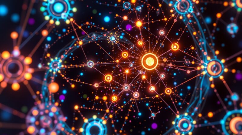 Dynamiczna galaktyka symbolizująca sieć neuronową agentów AI, współpracujących autonomicznie w inteligentnych workflow.