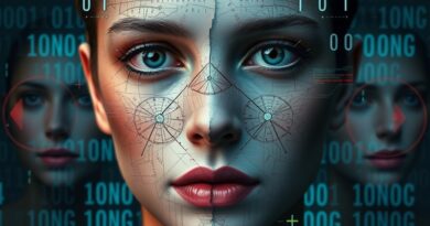 Rozmyta twarz, rozpadająca się na kod binarny, symbolizuje iluzję osobowości AI.