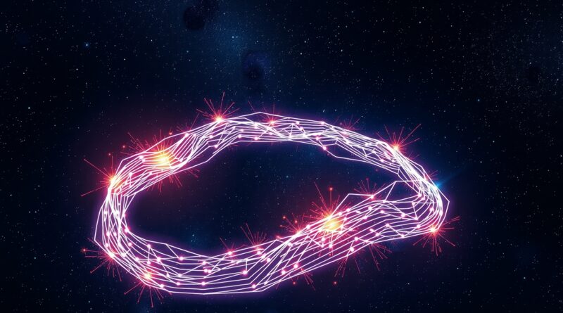 Świecąca płyta główna w kształcie wstęgi Möbiusa na tle kosmosu symbolizuje samouczenie się AI.