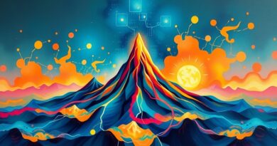 Stylizowany, abstrakcyjny pejzaż olejny: ChatGPT, Gemini i Grok konkurują w cyfrowym morzu danych.