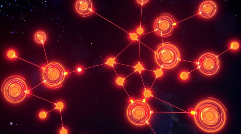 Sieć autonomicznych agentów AI jako węzły grafu, z unikalnymi energiami na kosmicznym tle.