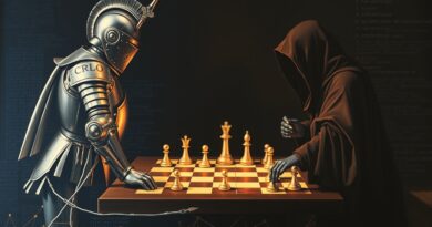 Szachowa rozgrywka między rycerzem w zbroi (AI security) a postacią w cieniu (AI attacker) na tle sieci neuronowej.