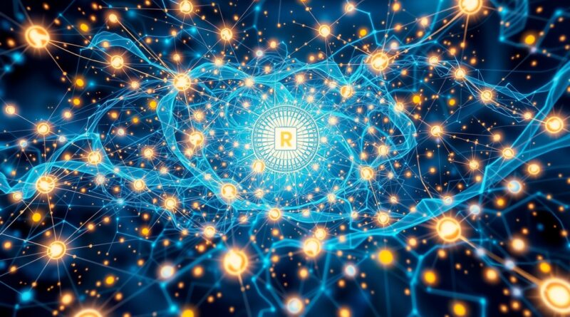 Abstrakcyjna sieć neuronowa symbolizująca Reddit. Węzły to użytkownicy, dane oznaczają zyski, AI w centrum.