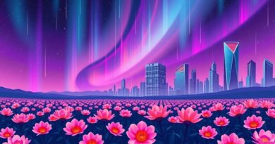 Cyfrowa zorza polarna spływa na pole kwiatów z binarnym kodem. Futurystyczne wieżowce, Art Nouveau, AI, wzrost.