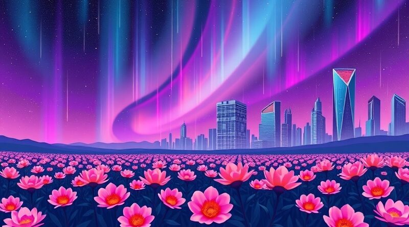 Cyfrowa zorza polarna spływa na pole kwiatów z binarnym kodem. Futurystyczne wieżowce, Art Nouveau, AI, wzrost.