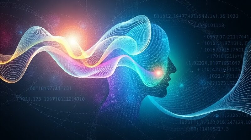 Wirująca galaktyka dźwięków i języka, subtelny profil głowy. Symbole emocji, komunikacji, kodu binarnego i punkt przełomu Voice AI.