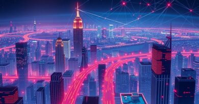 Abstrakcyjna, futurystyczna panorama miasta spleciona z neuronowymi sieciami, odzwierciedlająca decentralizację i wpływ AI w Web3.