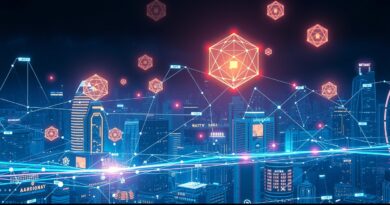 Abstrakcyjna, futurystyczna panorama miasta nocą, wizualizująca analizę wideo w czasie rzeczywistym: detekcja obiektów, śledzenie, dane.