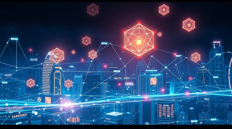 Abstrakcyjna, futurystyczna panorama miasta nocą, wizualizująca analizę wideo w czasie rzeczywistym: detekcja obiektów, śledzenie, dane.