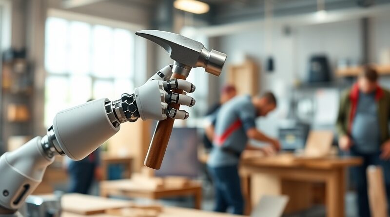 Robotyka i edukacja: ramię robota naśladuje ruchy dziecka z młotkiem w jasnym warsztacie.