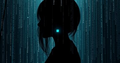 Sylwetka nastolatka rozpływa się w deszczu kodu, symbolizując stratę, technologię i kruchość młodości.