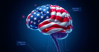 Abstrakcyjny mózg połączony z flagą USA, kod płynie, niebiesko-czerwono-złota kolorystyka, symbolizuje AI w rządzie.