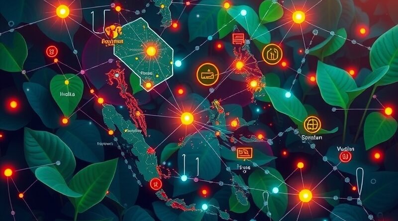 Abstrakcyjna mapa Azji Południowo-Wschodniej połączona z siecią neuronową, symbolizująca SEA-LION v4 i wsparcie językowe AI.