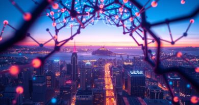 Futurystyczne miasto przez sieć neuronową mózgu, z Alcatraz w tle. Kolory: niebieski, fioletowy, pomarańczowy.