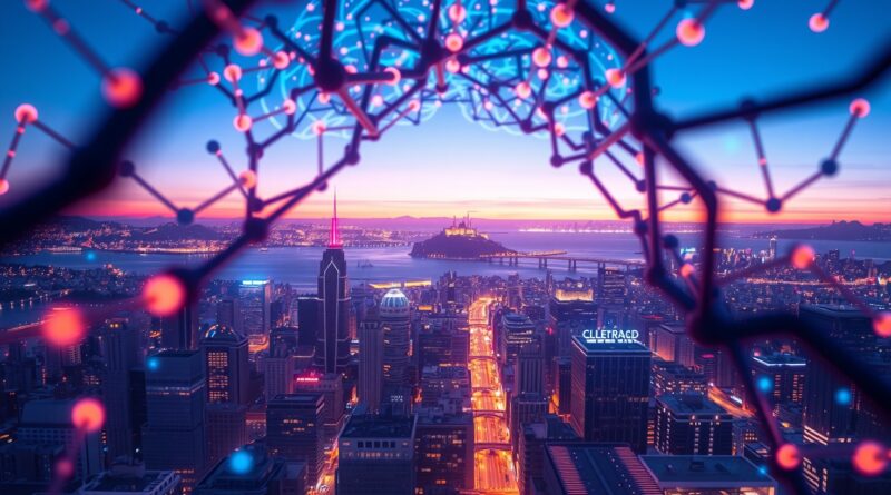 Futurystyczne miasto przez sieć neuronową mózgu, z Alcatraz w tle. Kolory: niebieski, fioletowy, pomarańczowy.