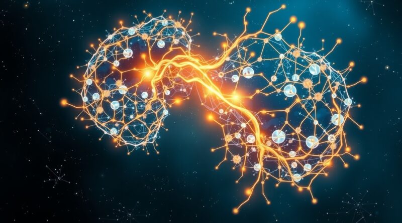 Zespolenie dwóch sieci neuronowych (niebieskiej i złotej) na tle kosmosu; fuzja człowieka i technologii.