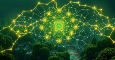 Bioluminescencyjna sieć neuronowa w zielonym mieście przyszłości, symbol samoadaptacyjnej AI Gemini i SAGE.