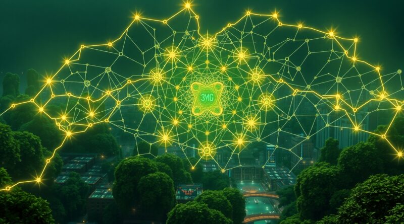 Bioluminescencyjna sieć neuronowa w zielonym mieście przyszłości, symbol samoadaptacyjnej AI Gemini i SAGE.