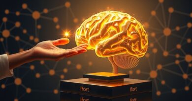 Złoty mózg z kodu na blockchainie, dotykany dłonią, symbol ludzkiej inteligencji nagradzanej w AI.