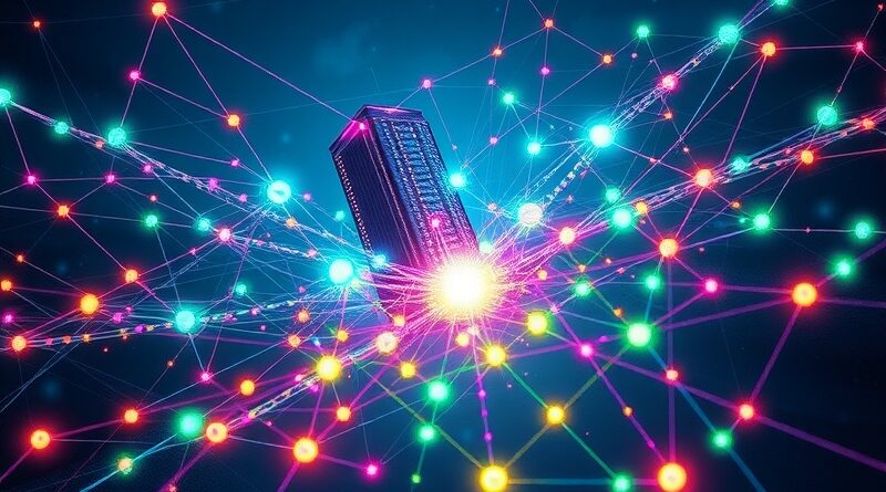 Rozświetlona sieć AI: od centralnego serwera do zdecentralizowanej, luminescencyjnej pajęczyny. Cyfrowy renesans i cyberpunk.