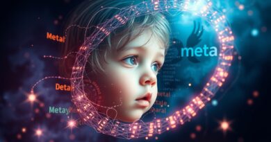 Dziecięca twarz spowita kodem, logo Meta w kosmicznej otoczce. Zagrożenia technologii dla najmłodszych.