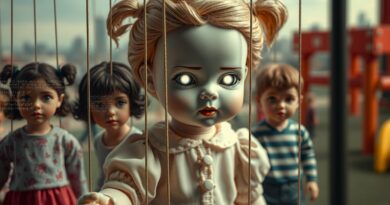 Porcelanowa lalka z jarzącymi się oczami kontroluje dzieci-marionetki w cyfrowo zniekształconym świecie.