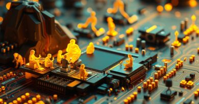 Mikroskopijna płytka drukowana z miniaturowymi filozofami rozważającymi głębokie pytania. Metafora "małego myślenia" napędzającego postęp AI.