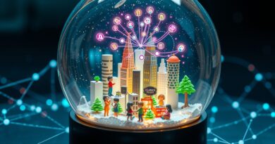 Świecąca kula śnieżna z miniaturowym miastem symulującym aktywność użytkowników chatbotów, otoczona siecią danych.