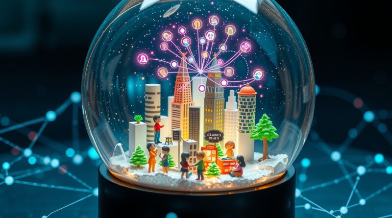 Świecąca kula śnieżna z miniaturowym miastem symulującym aktywność użytkowników chatbotów, otoczona siecią danych.
