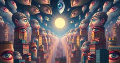 Surrealistyczna panorama miasta z budynków z ludzkich oczu, patrzących w stronę światła AI.