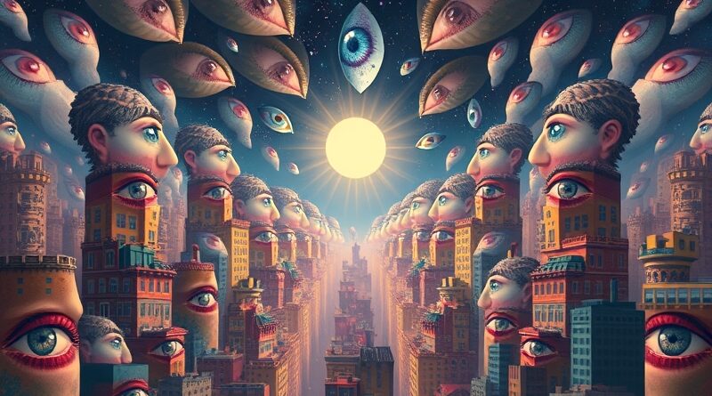 Surrealistyczna panorama miasta z budynków z ludzkich oczu, patrzących w stronę światła AI.