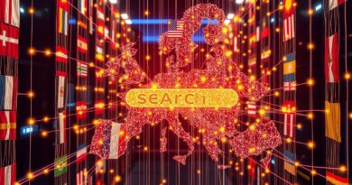 Europejski neuralny indeks wyszukiwania Staan utkany z mozaiki flag, serwerownie, zintegrowana wyszukiwarka.