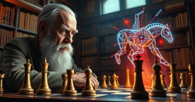 Dostojny arcymistrz szachowy kontempluje zwycięstwo tradycyjnych algorytmów nad chaosem generatywnej AI.