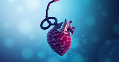 Stetoskop przyszłości z AI nad sercem splecionym z kodem binarnym, symbolizujący rewolucję w diagnostyce kardiologicznej.