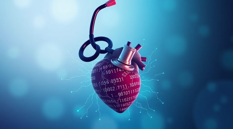 Stetoskop przyszłości z AI nad sercem splecionym z kodem binarnym, symbolizujący rewolucję w diagnostyce kardiologicznej.