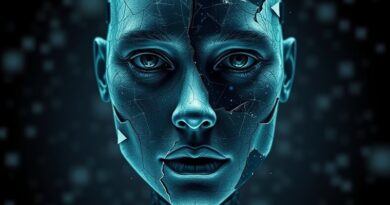 Rozbita, cyfrowa twarz symbolizująca kruchość i potencjał AI, z glitchami i geometrycznymi fragmentami.