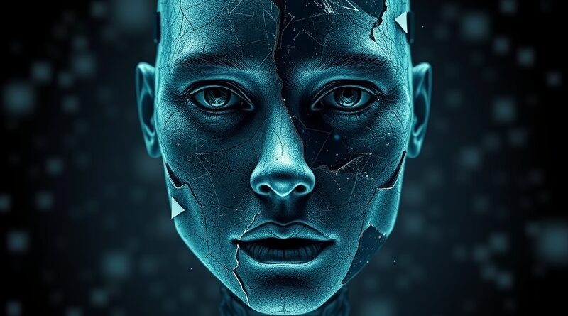 Rozbita, cyfrowa twarz symbolizująca kruchość i potencjał AI, z glitchami i geometrycznymi fragmentami.