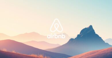 Minimalistyczny pejzaż: cyfrowe linie łączą się z naturą, subtelne logo Airbnb. Pastelowe barwy, technologiczny błękit.
