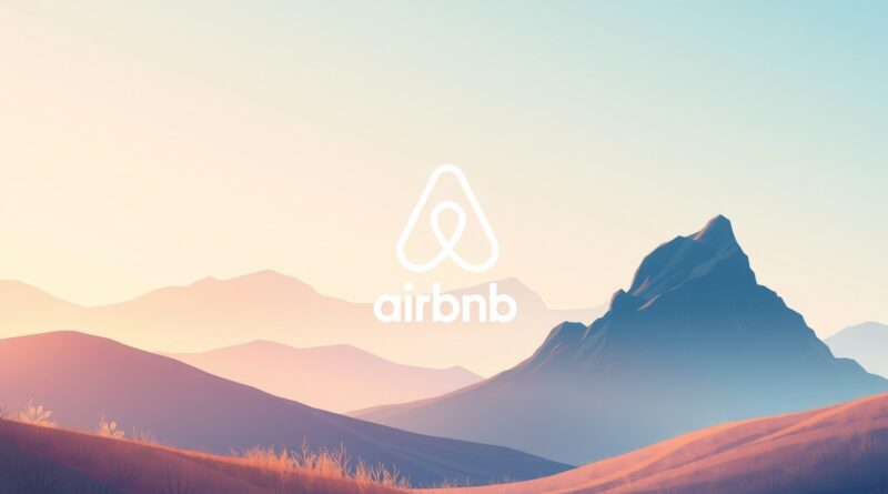Minimalistyczny pejzaż: cyfrowe linie łączą się z naturą, subtelne logo Airbnb. Pastelowe barwy, technologiczny błękit.