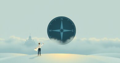 Stylizowany kompas wskazuje na oniryczną panoramę miast spowitych mgłą. Kontemplacja podróży, subtelne wsparcie technologii.