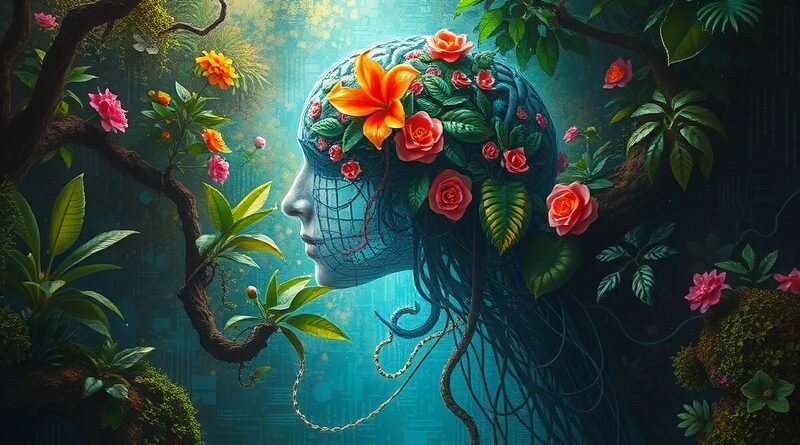 Abstrakcyjny mózg cyfrowy spleciony z dżunglą, korzenie wnikają w obwody, liście kwitną z kodu.