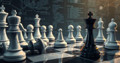 Stylizowana partia szachów: futurystyczne białe AI kontra tradycyjne czarne, król w opałach. Metafora odejścia szefa prawnego xAI.