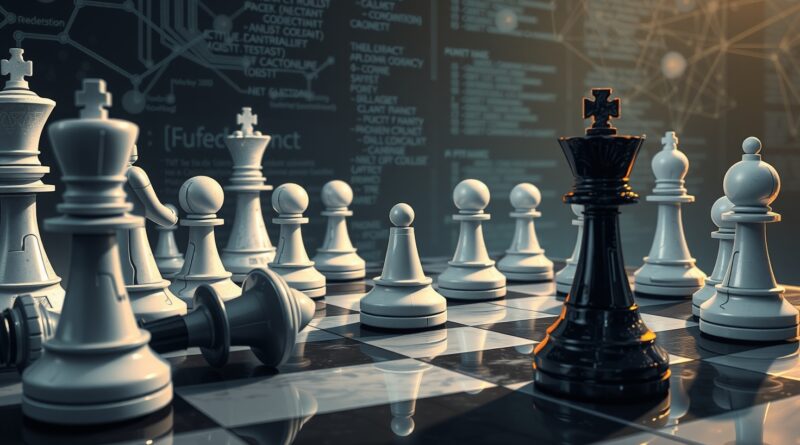 Stylizowana partia szachów: futurystyczne białe AI kontra tradycyjne czarne, król w opałach. Metafora odejścia szefa prawnego xAI.