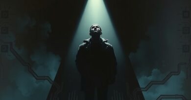 Zaniepokojony CISO w świetle reflektora, cień DeepSeek, cyberataki w tle, kryzys i potrzeba regulacji AI.