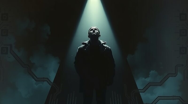 Zaniepokojony CISO w świetle reflektora, cień DeepSeek, cyberataki w tle, kryzys i potrzeba regulacji AI.