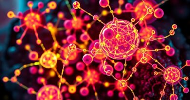 Świecąca sieć molekularna na tle bakterii opornych na antybiotyki, symbolizująca wykorzystanie AI w projektowaniu leków.