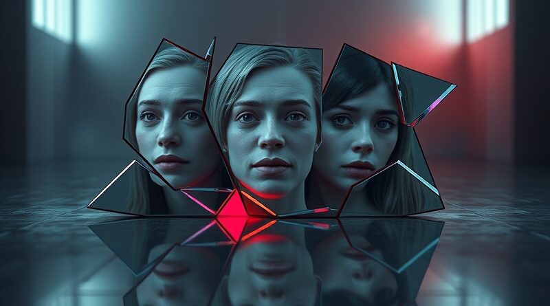 Pęknięte lustro odbija trzy zniekształcone twarze: uśmiechniętą, płaczącą i obojętną, z cyfrowymi zakłóceniami. Neonowe akcenty.